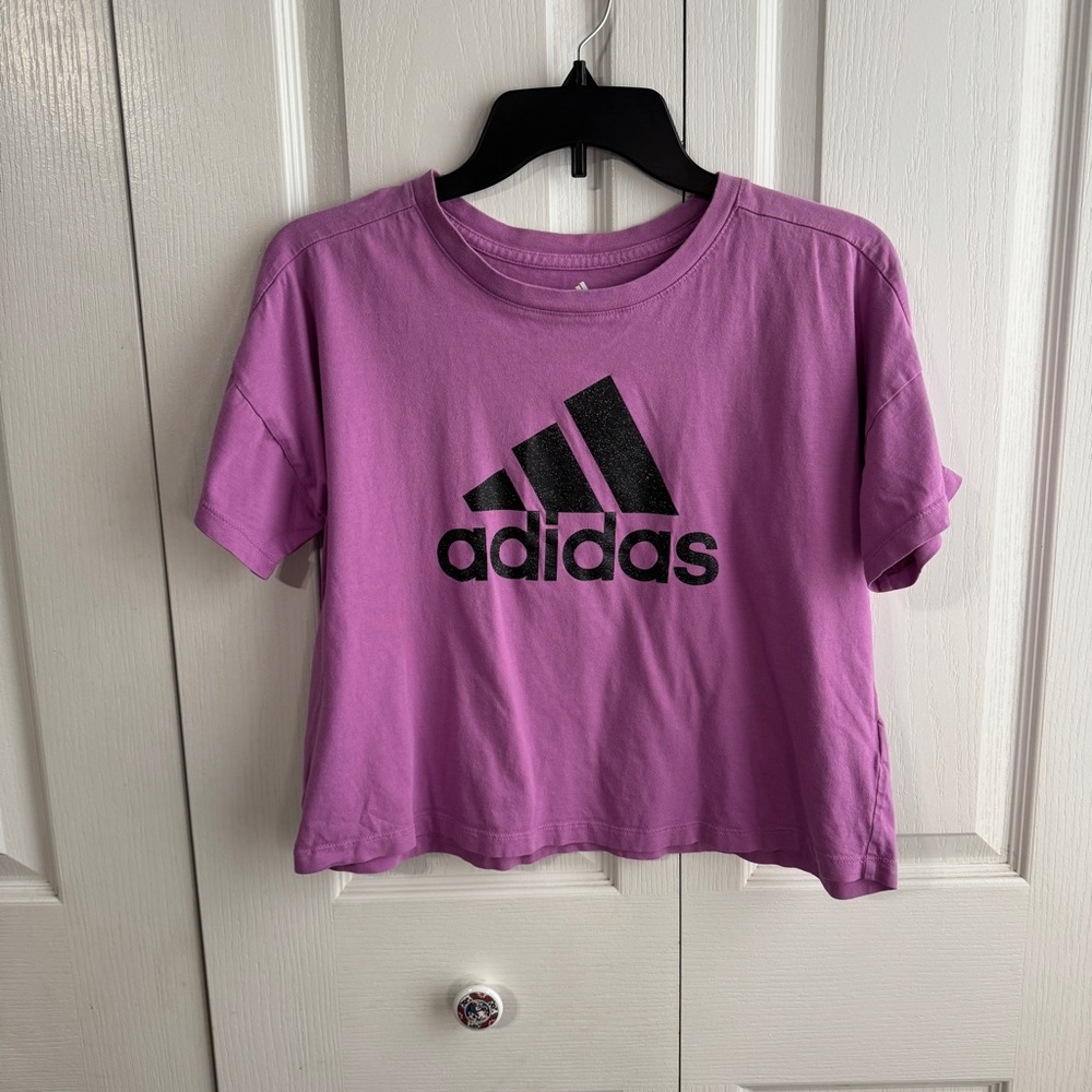 Adidas purple black logo cropped short sleeve tee size large 14